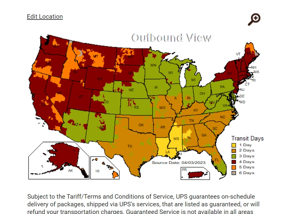 UPS Ground shipping map showing transit days by state.